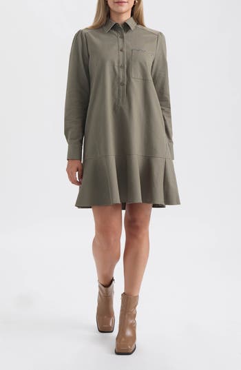 Ellen Tracy Flared Hem Long Sleeve Shirtdress In Green