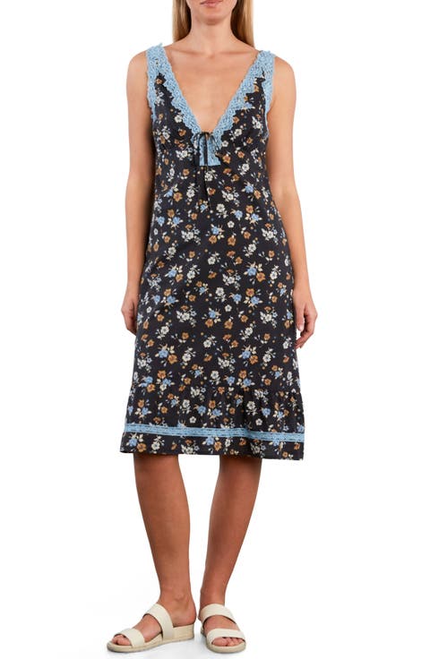 Lace Detail Floral Cotton Blend Slipdress