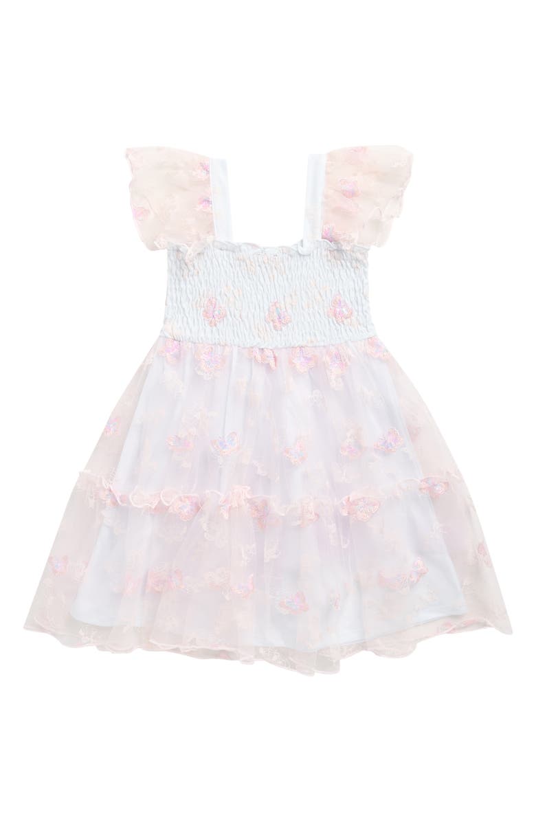 Zunie Kids' Smocked Bodice Dimensional Appliqué Party Dress, Alternate, color, Pink/ Blue