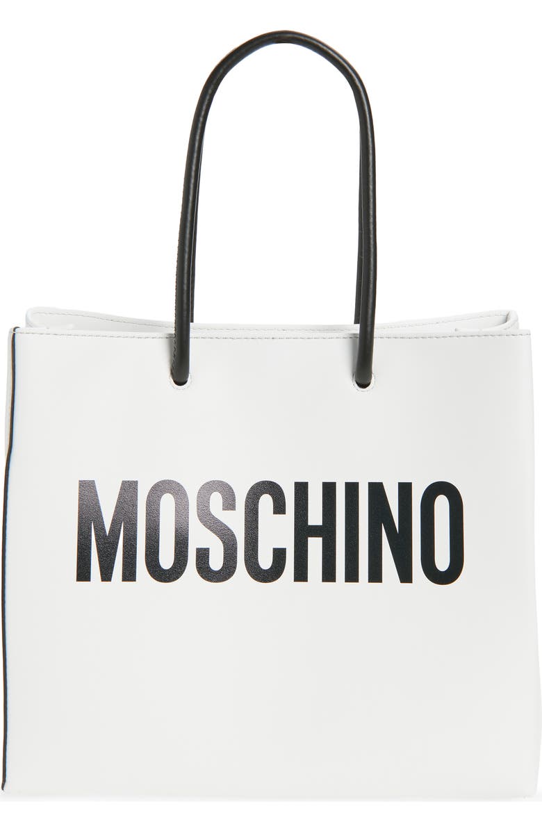 Moschino Logo Leather Shopper Tote, Main, color, 100 White