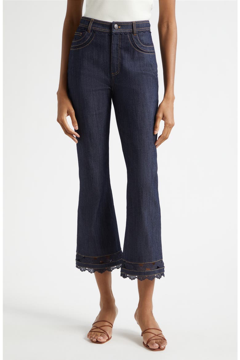 Guipure Lace Trim Cropped Flare Leg Jeans, Main, color, INDIGO