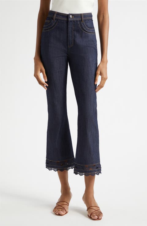 Guipure Lace Trim Cropped Flare Leg Jeans