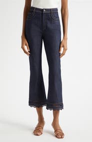 Cinq à Sept Guipure Lace Trim Cropped Flare Leg Jeans