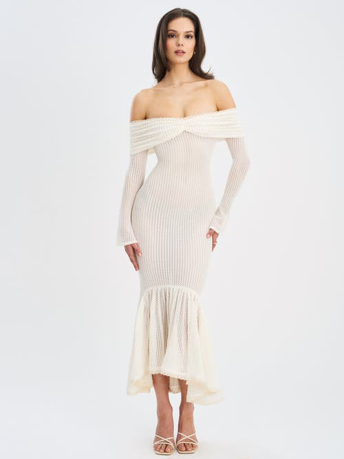 Miss Circle Kaedyn Off Shoulder Long Sleeve Crochet Mermaid Maxi Dress In Neutral