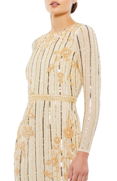 Mac Duggal Hand Embellished Asymmetrical Long Sleeve Midi Dress In Nude Gold