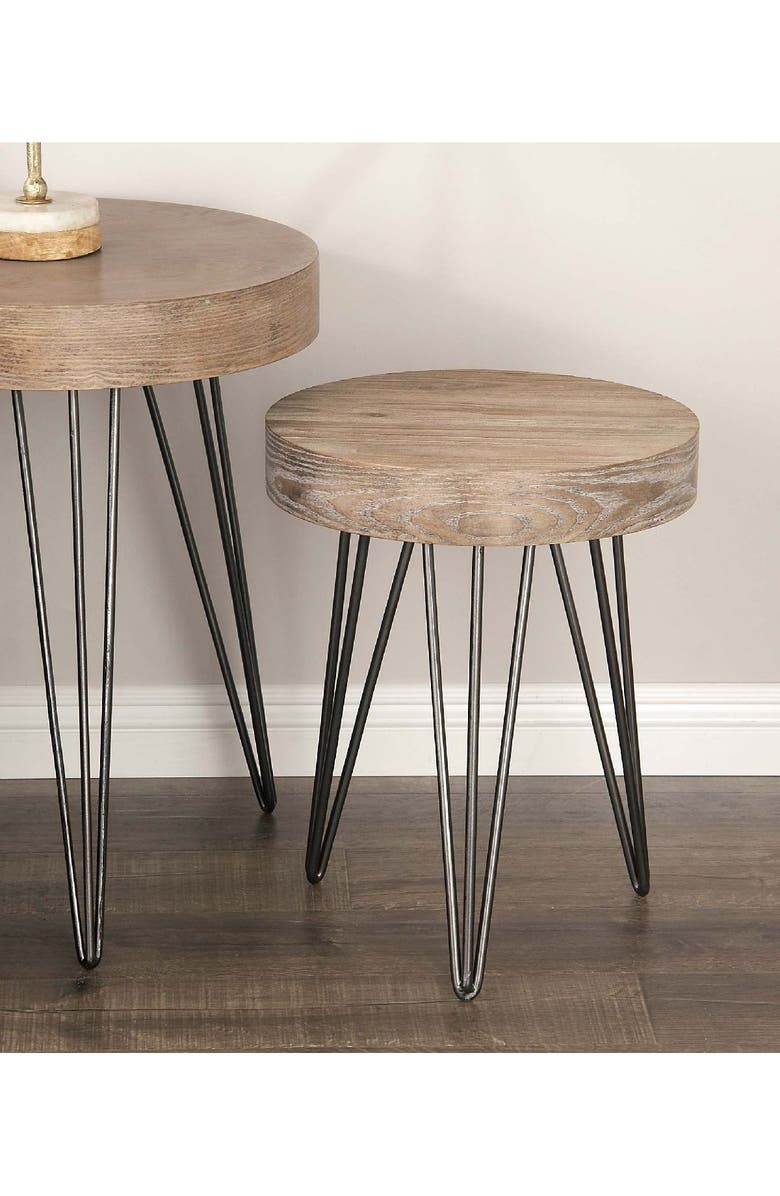 WILLOW ROW Brown Wood Modern Accent Table with Black Metal Hairpin Legs, Main, color, 