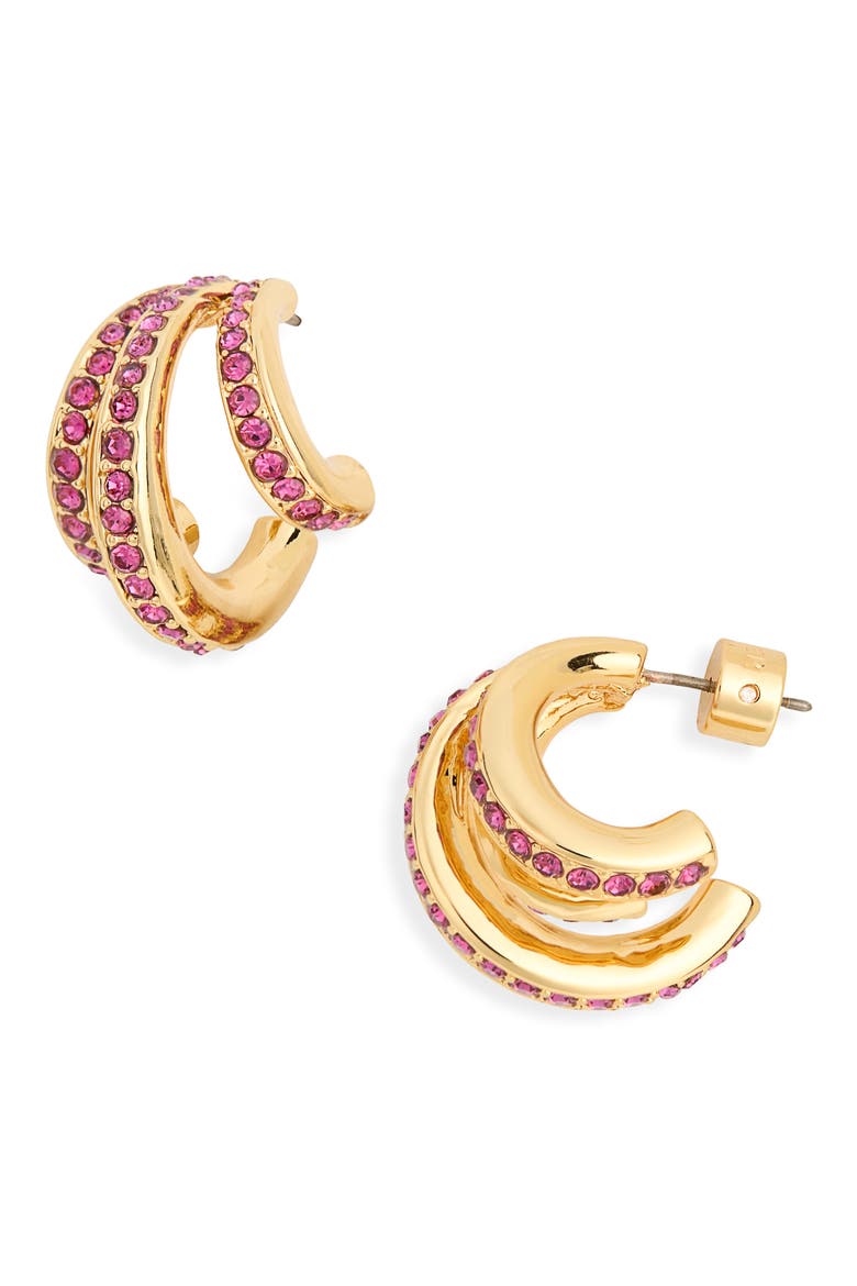 Pavé Crystal Triple Huggie Hoop Earrings, Main, color, GOLD/ PINK