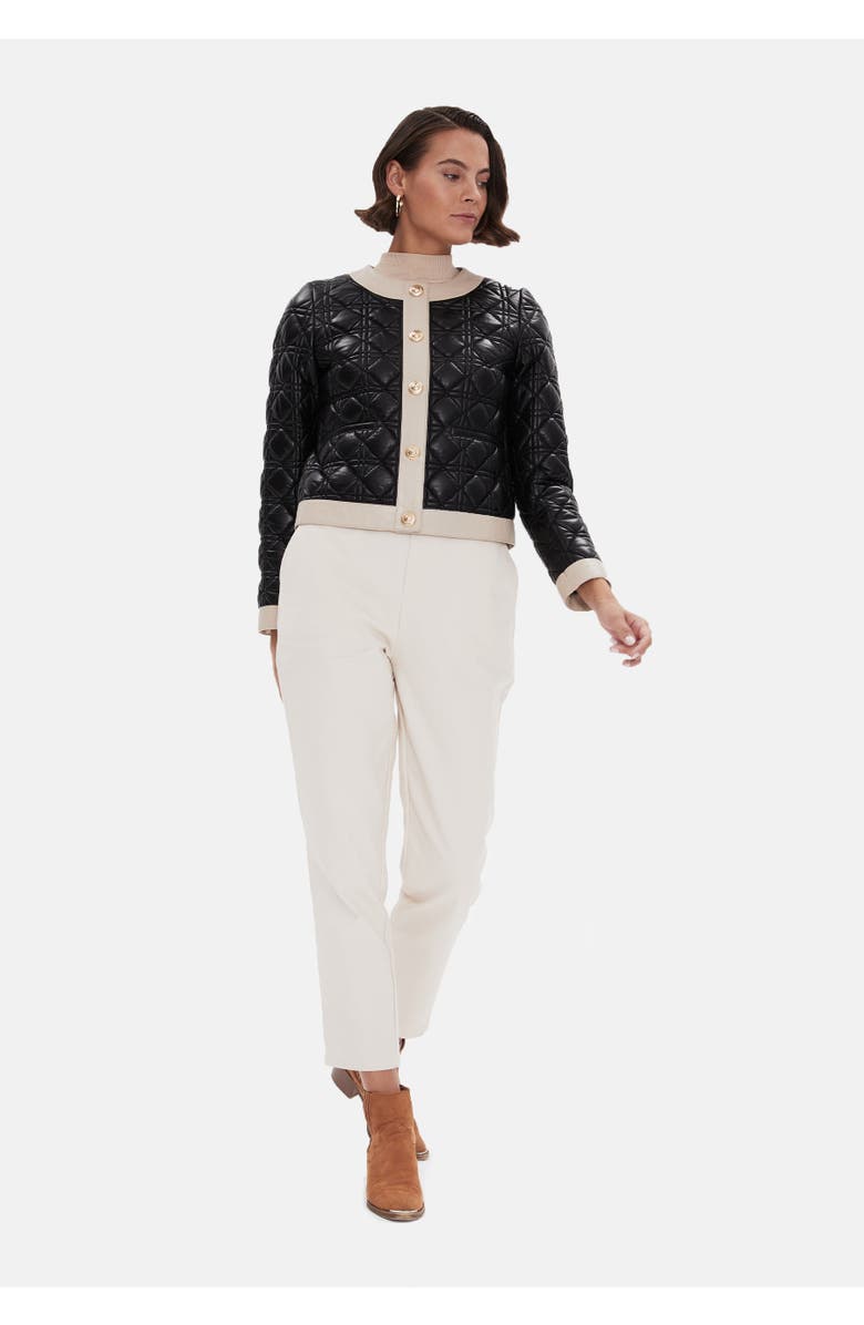 Furniq UK Helena Leather Jacket, Alternate, color, Black With Beige Trim