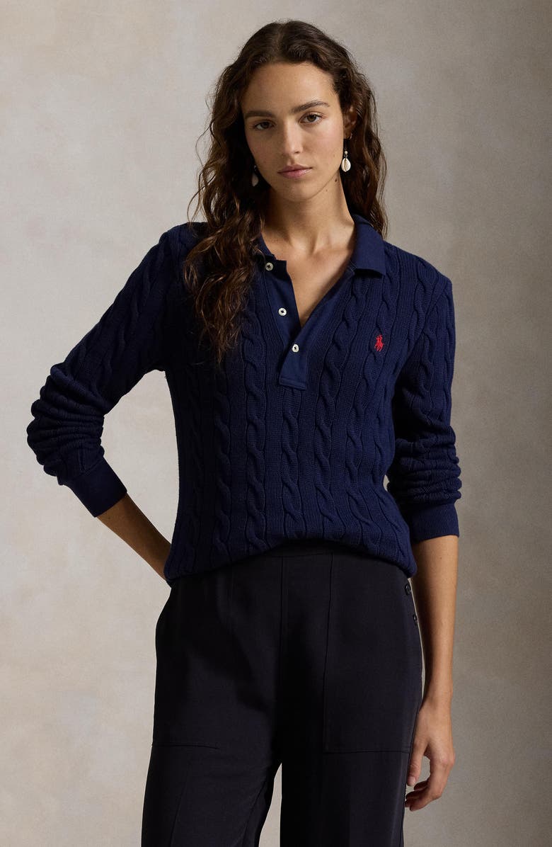 Polo Ralph Lauren Cable Long Sleeve Cotton Polo Sweater, Alternate, color,