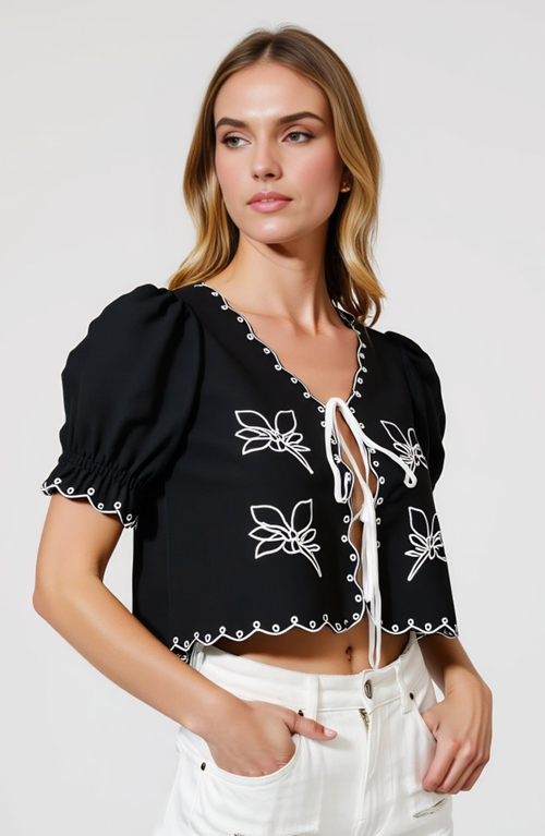 Modenaire Puff Sleeve Tie-front Blouse With Floral Embroidery And Eyelet Trim
