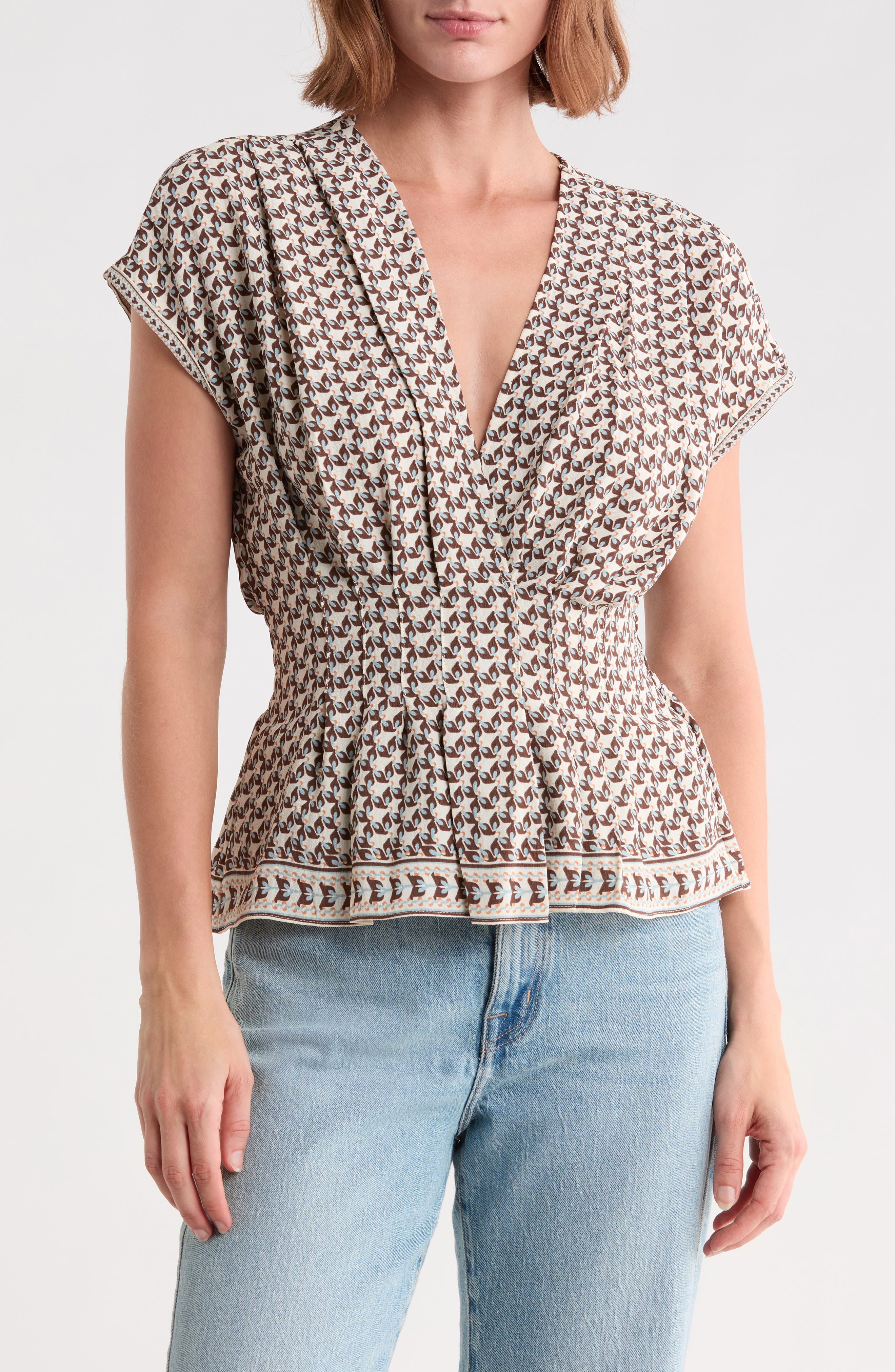 V-Neck Short Sleeve Pleated Top