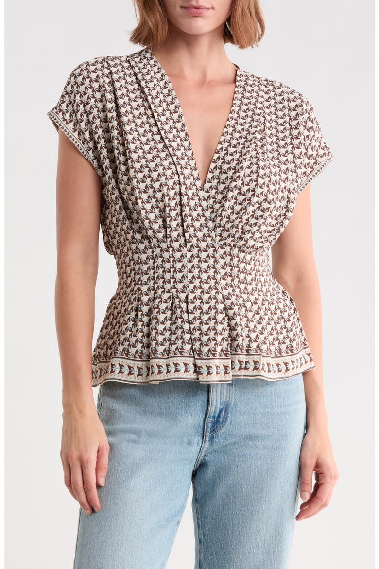 V-Neck Short Sleeve Pleated Top, Main, color, CRM/ BROWN FLUTTERS WALTZ