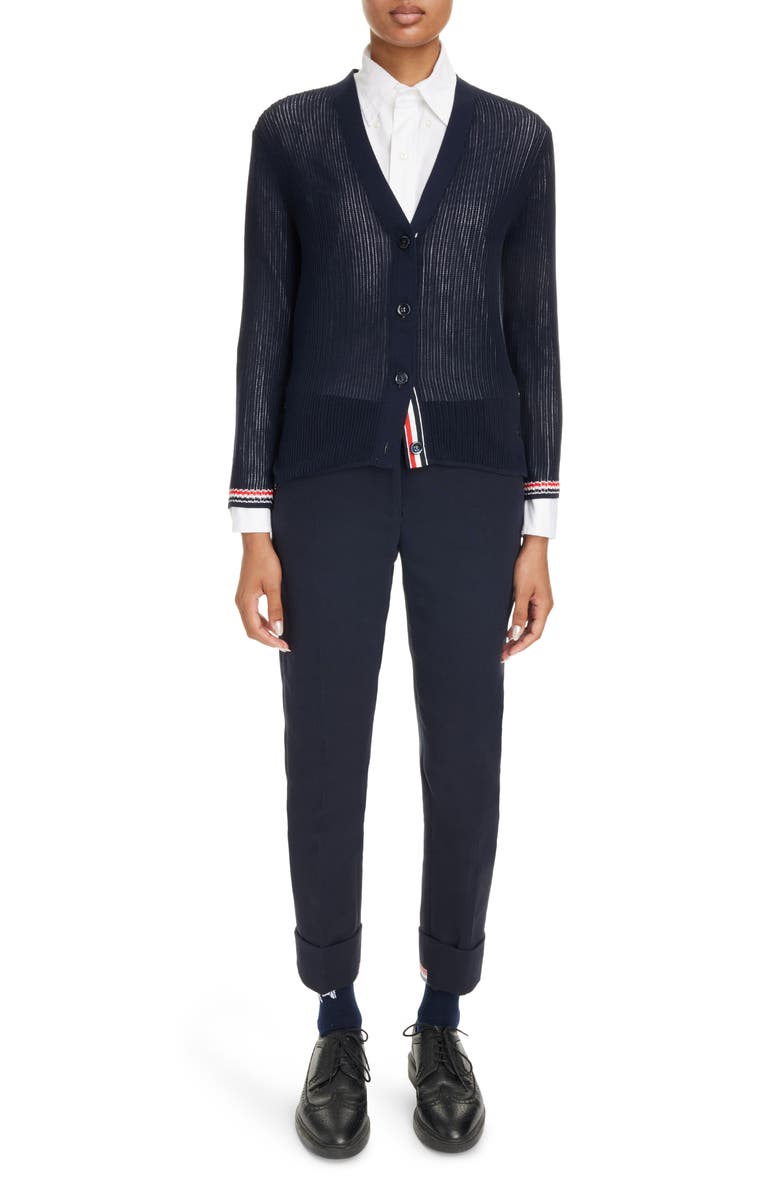 Thom Browne RWB Stripe Trim Cotton Cardigan, Alternate, color, 