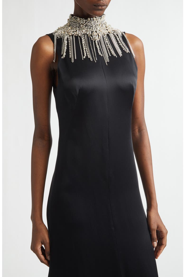 Chain Mail Open Back Satin Gown, Alternate, color, BLACK