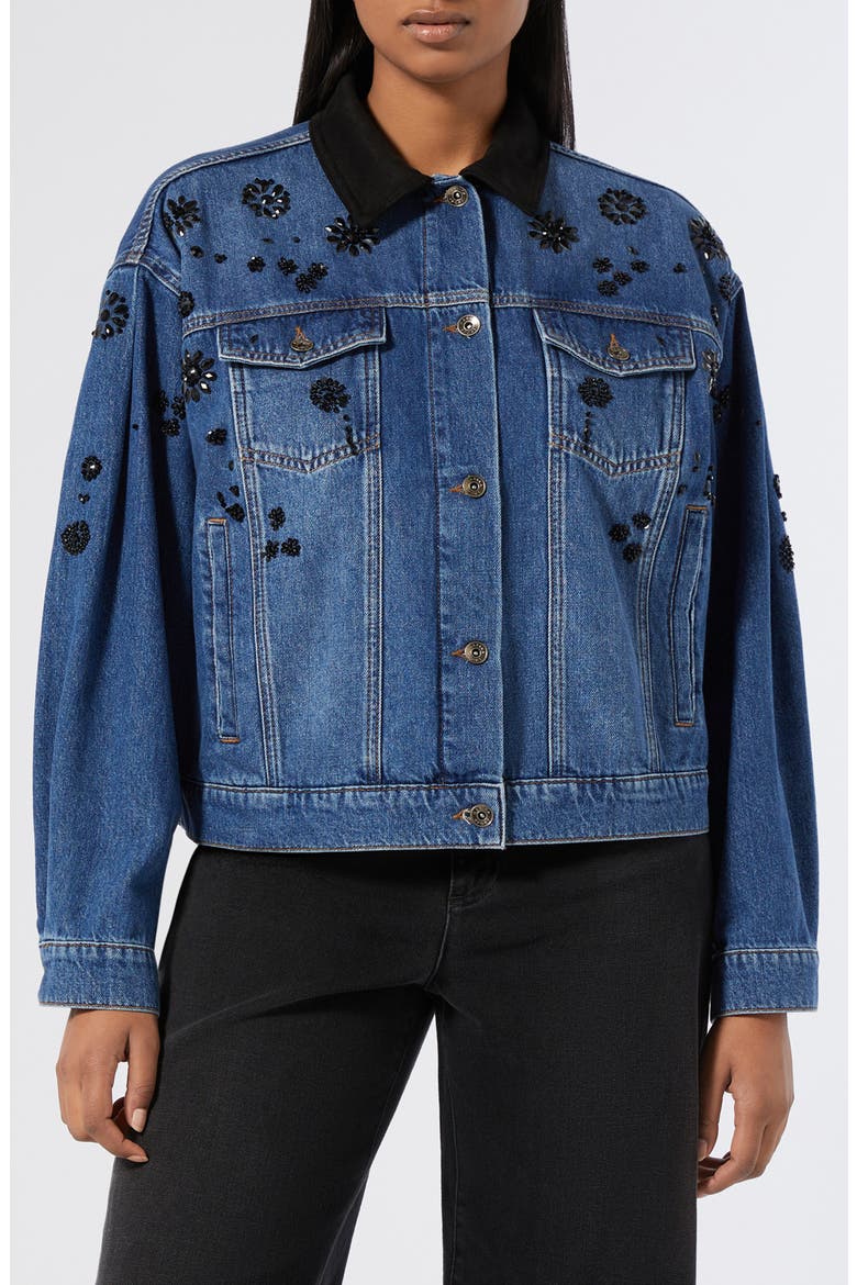 Quiete Rhinestone Detail Denim Trucker Jacket, Main, color, NAVY
