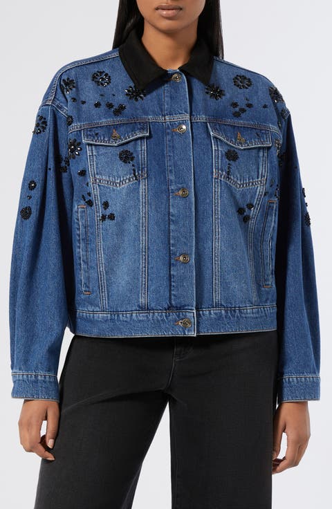 Quiete Rhinestone Detail Denim Trucker Jacket (Plus)
