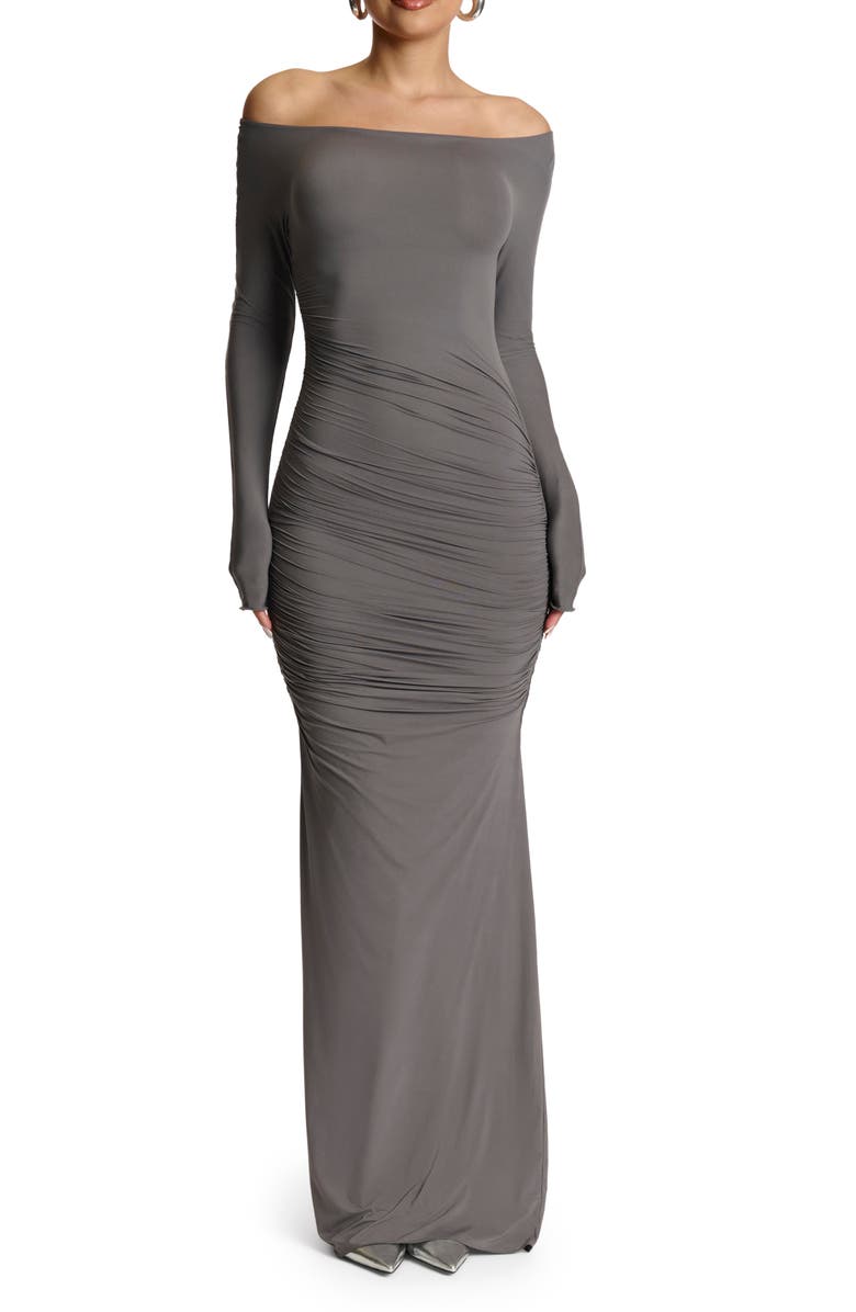 Naked Wardrobe Ruched Off the Shoulder Long Sleeve Maxi Dress, Main, color, Charcoal