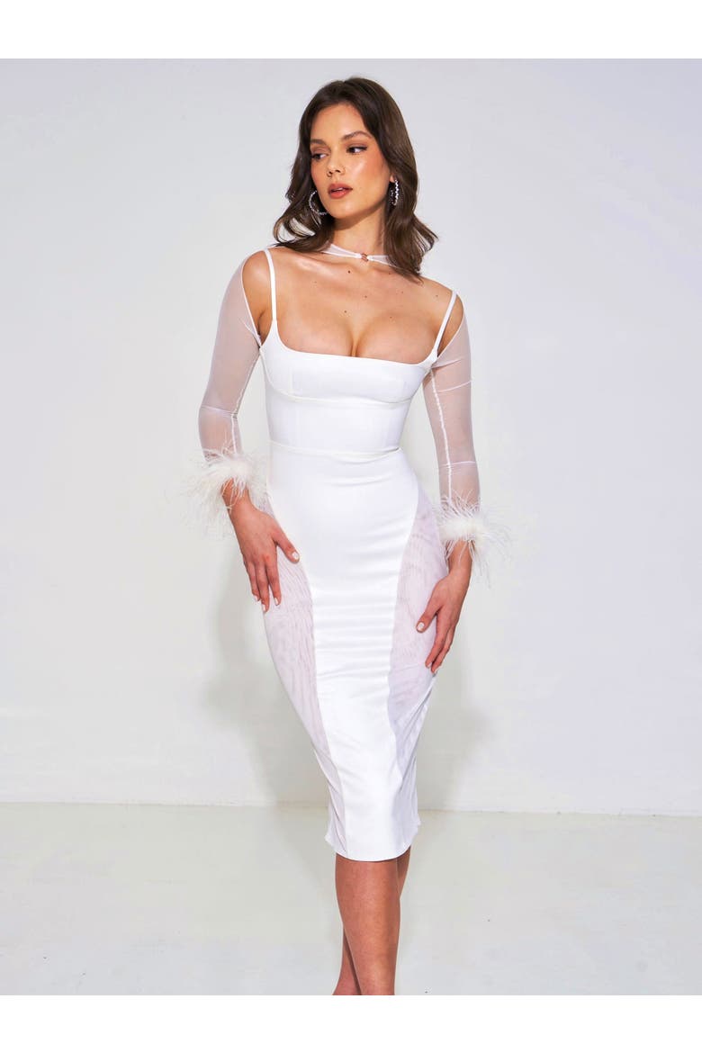 Oaklie Satin Mesh Sleeve Dress With Feathers, Alternate, color, White