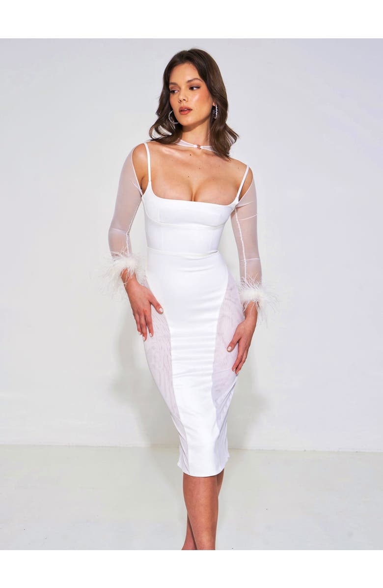 Miss Circle Oaklie Satin Mesh Sleeve Dress With Feathers, Alternate, color, White