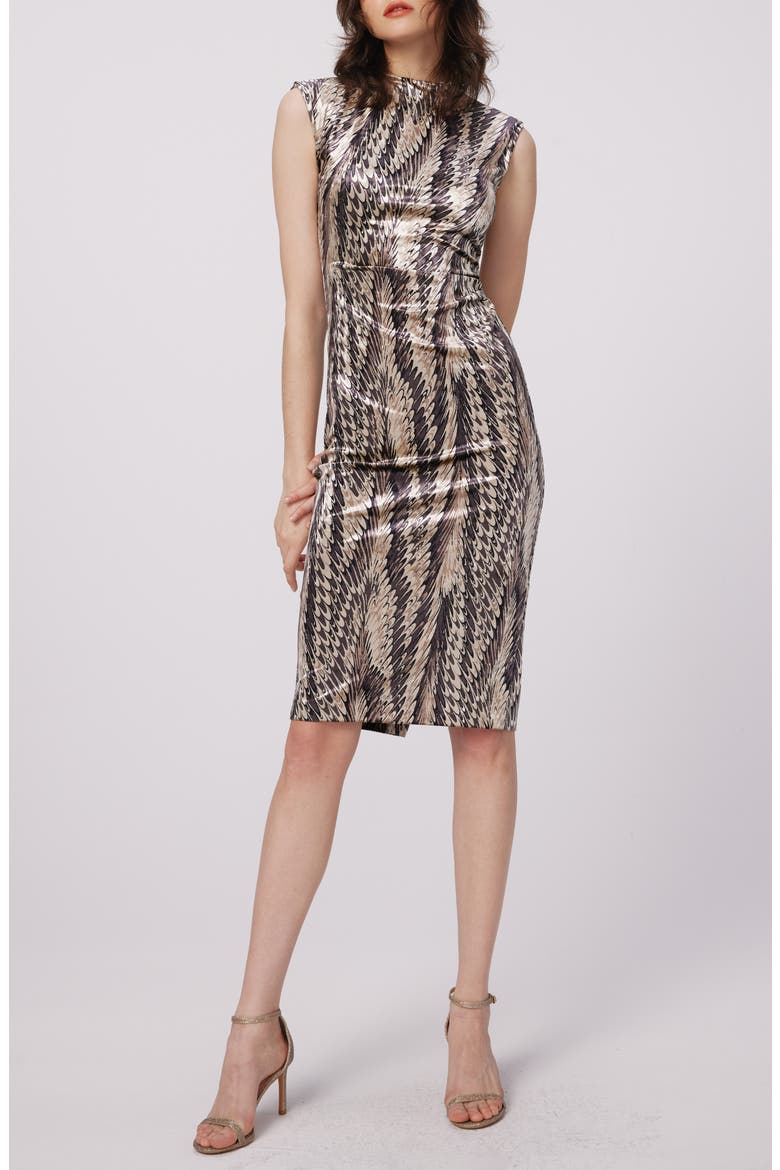 Darrius Printed Ruched Sleeveless Sheath Dress video