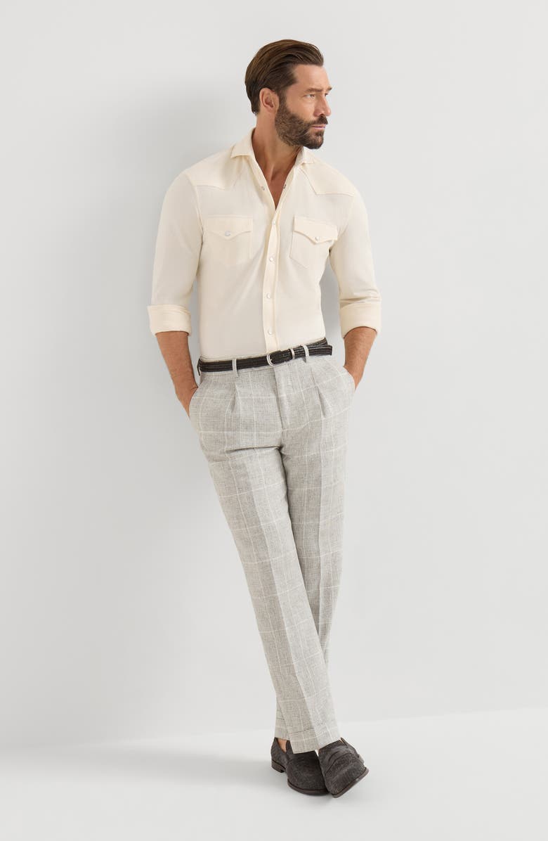 Brunello Cucinelli Linen Prince of Wales trousers with pleat, Alternate, color, Panama