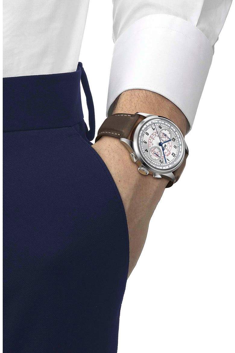 Telemeter 1938 Chronograph Leather Strap Watch, 42mm, Alternate, color, BROWN