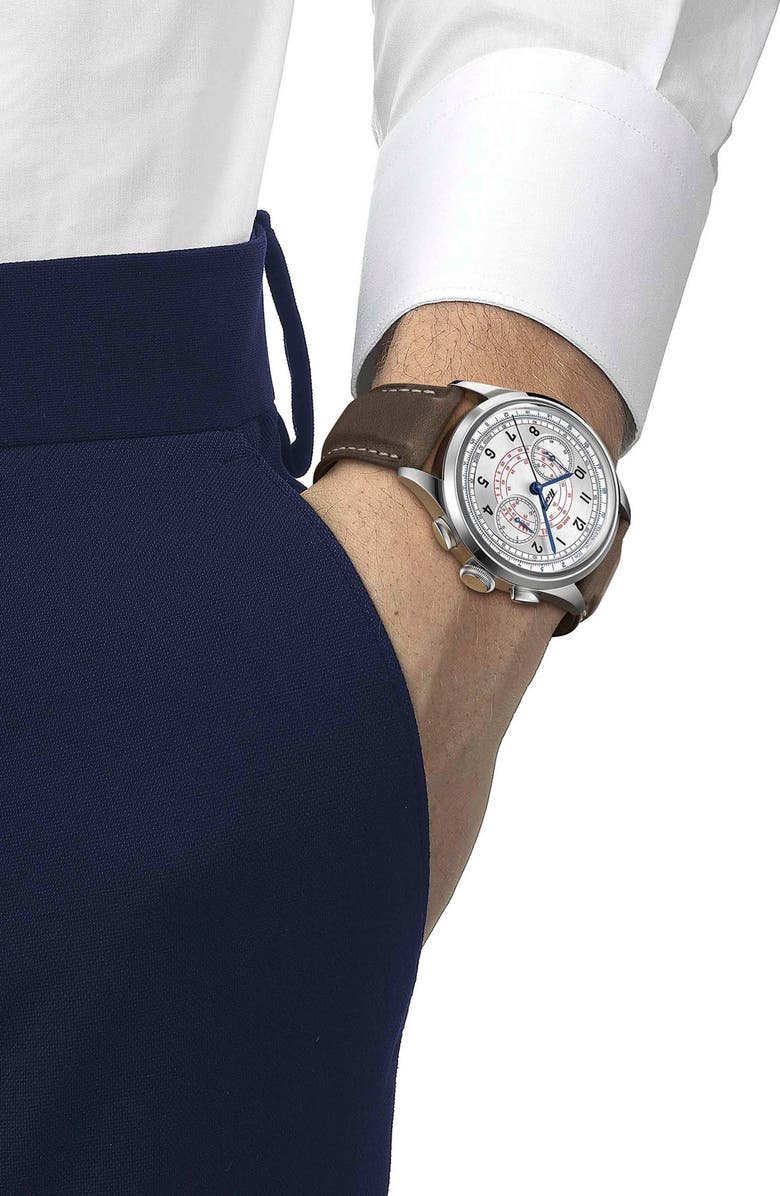 Tissot Telemeter 1938 Chronograph Leather Strap Watch, 42mm, Alternate, color, Brown