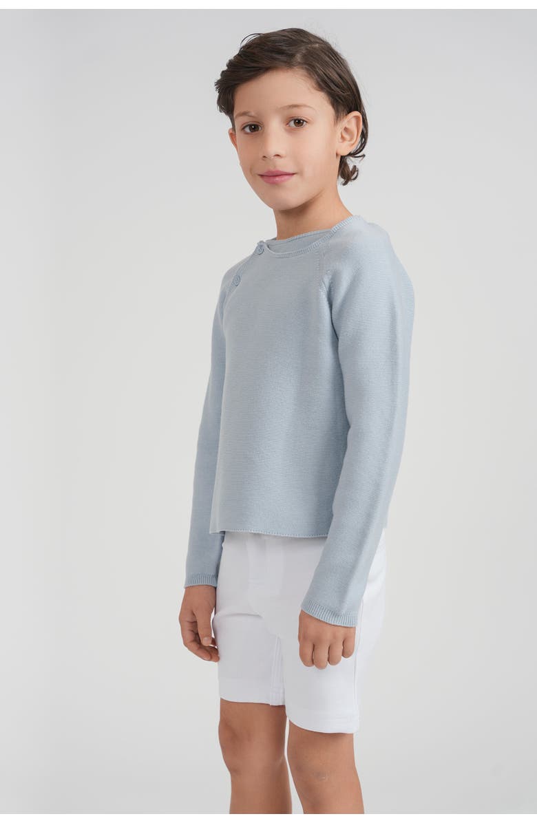 Jolie Capri Boy Wrap Asymmetrical Button Decorative Stitching Cotton Knit Cardigan, Alternate, color, Blue