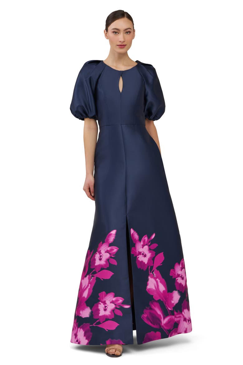 Delfina Puff Sleeve Mikado Gown, Alternate, color, MIDNIGHT/PINK ZINNIA