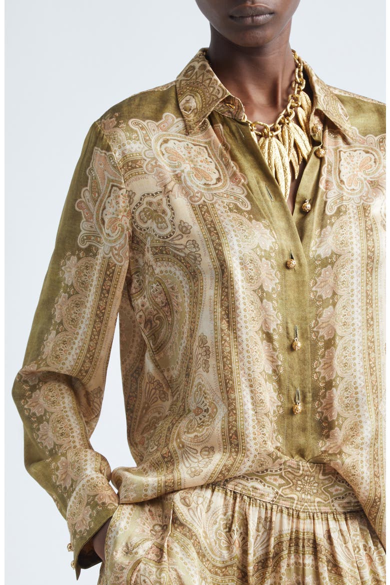 Luna Paisley Print Silk Satin Button-Up Shirt, Alternate, color, OLIVE PERLA PAISLEY