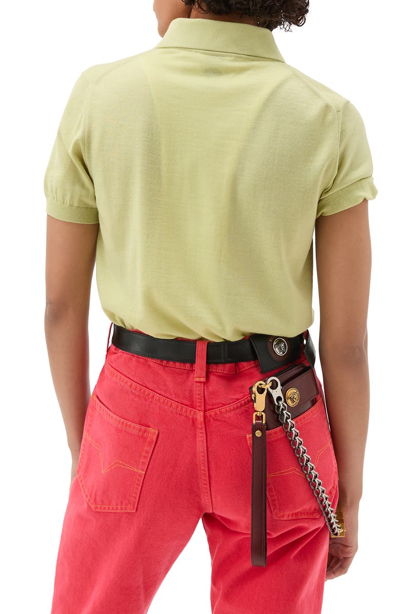 Versace Gender Inclusive Short Sleeve Virgin Wool Button-Down Cardigan, Alternate, color, Chartreuse