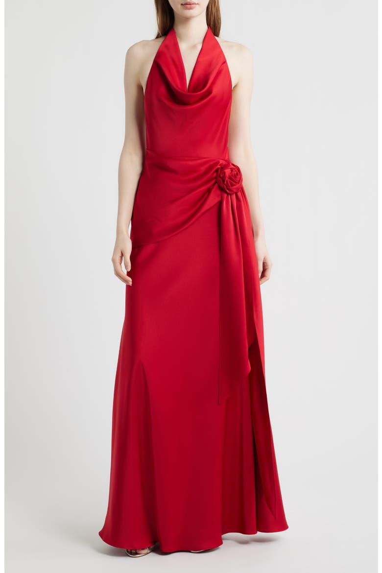 Rozalia Halter Open Back Satin Gown, Main, color, SORRENTO RED