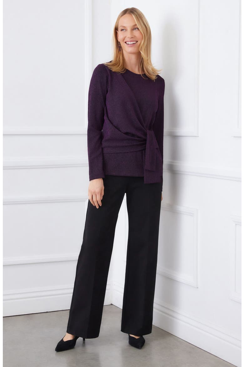 Metallic Knit Side Drape Long Sleeve Top, Alternate, color, EGGPLANT