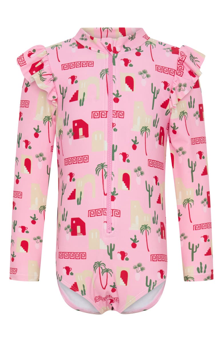 TINY TRIBE Kids' Mediterranean Long Sleeve Rashguard Swimsuit, Main, color, Pink