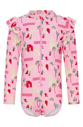 Tiny Tribe Kids' Mediterranean Long Sleeve Rashguard Swimsuit In Pink