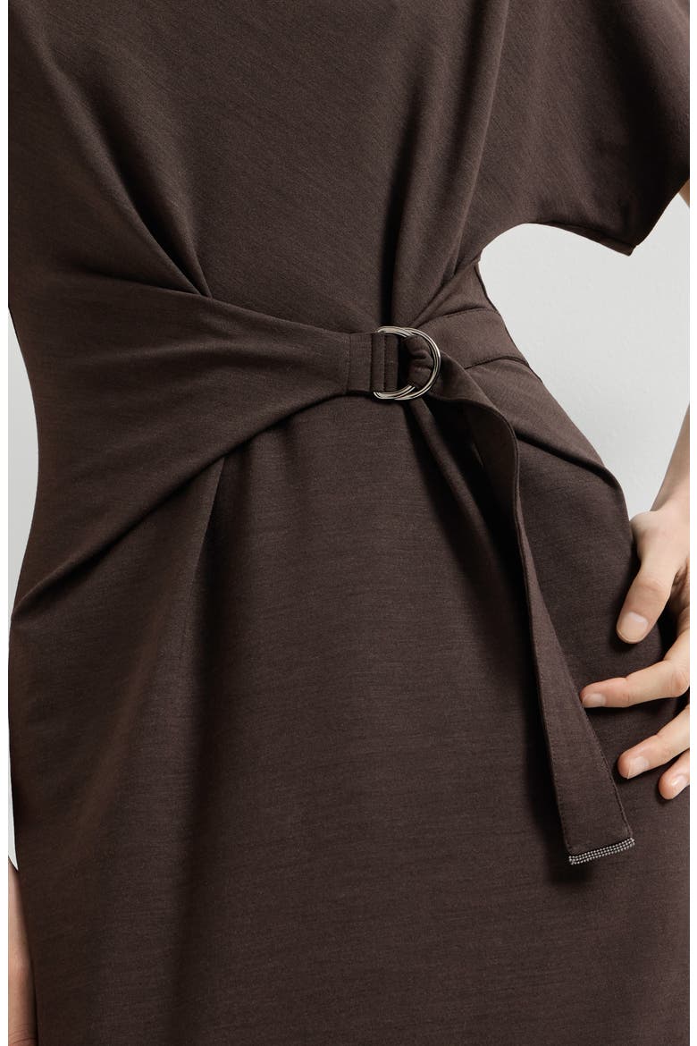 Techno wool jersey wrap belt dress with monili, Alternate, color, Coffee