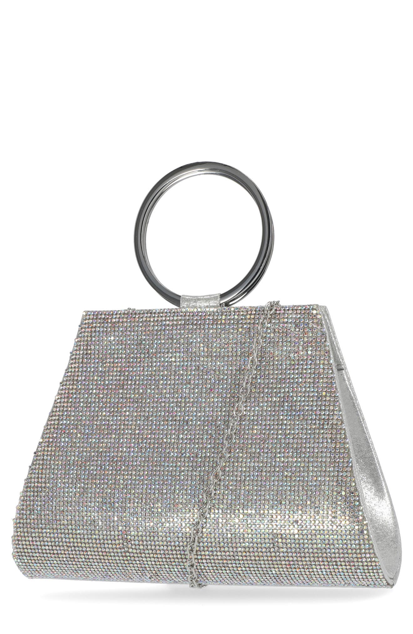 Brynn Ring Top Evening Clutch, Main, color, IRIDESCENT SILVER