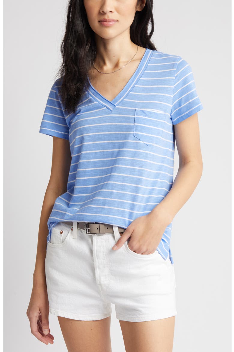 V-Neck Short Sleeve Pocket T-Shirt, Alternate, color, BLUE- WHITE JULIA STRIPE