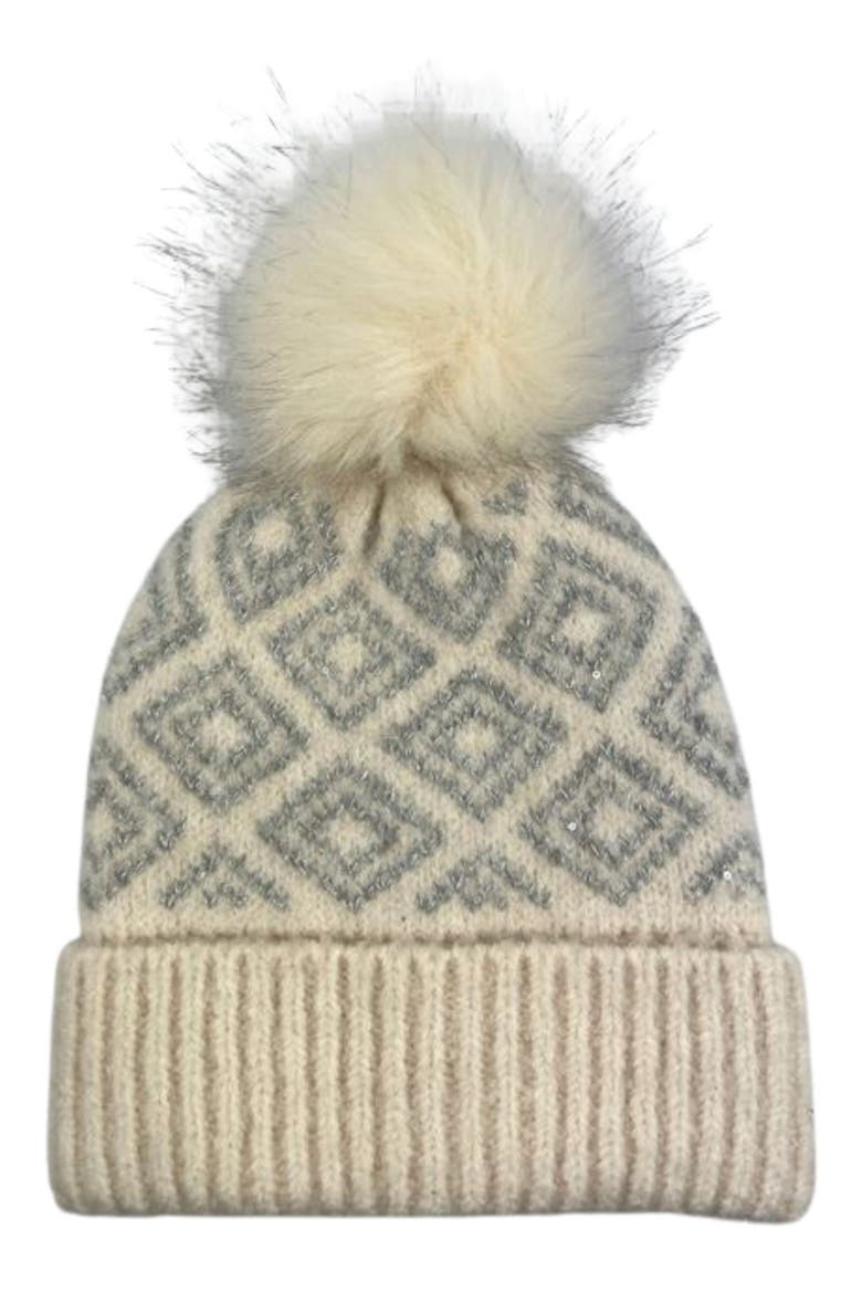 Faux Fur Pompom Geo Knit Beanie, Main, color, IVORY