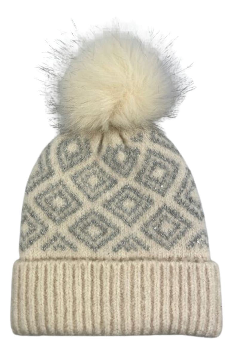 MARCUS ADLER Faux Fur Pompom Geo Knit Beanie, Main, color, Ivory