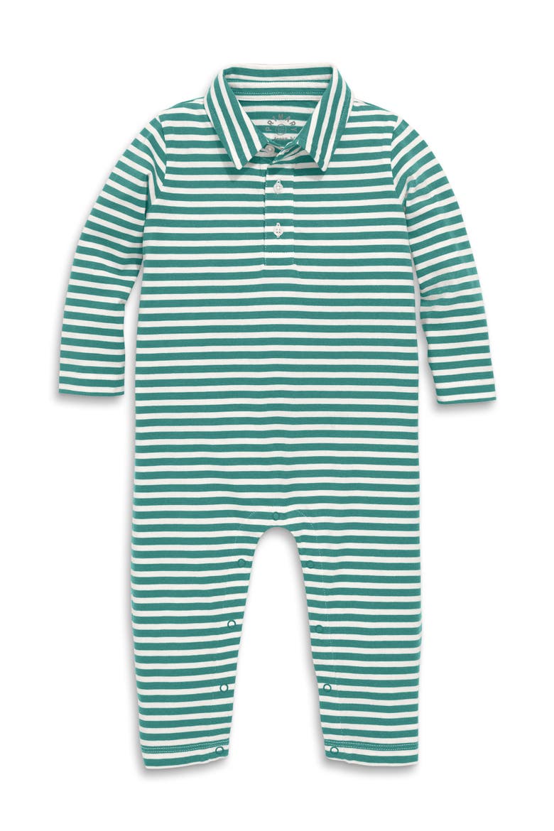 Baby Long Sleeve Polo Romper In Mini Stripe, Main, color, Ivory Sunwashed Teal Stripe