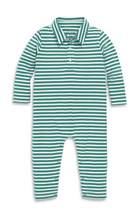 Baby Long Sleeve Polo Romper In Mini Stripe