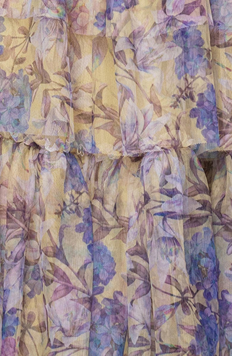 Blondie Nites Floral Print Tiered Ruffle Gown, Alternate, color, Yellow Multi