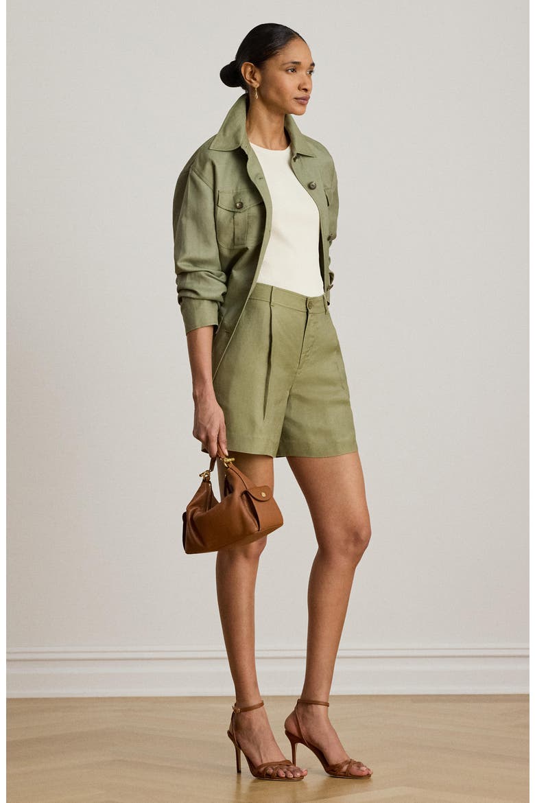 Pleated Linen Blend Twill Shorts, Alternate, color, LIGHT AGAVE GREEN