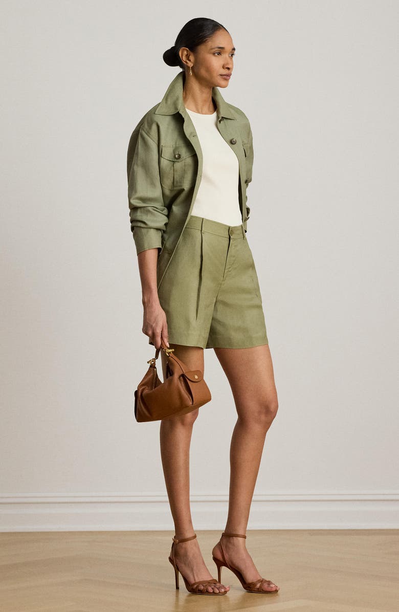 Lauren Ralph Lauren Pleated Linen Blend Twill Shorts, Alternate, color, Light Agave Green
