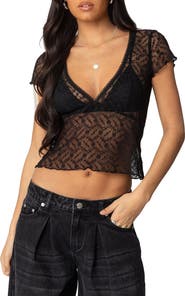 EDIKTED Julie Sheer Lace Crop Top