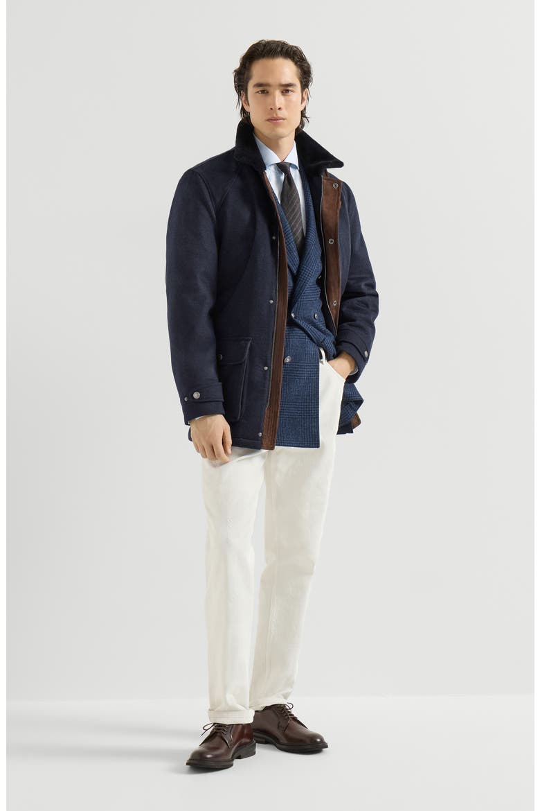 Bonded cashmere beaver cloth field jacket with shearling lining and nappa leather inserts, Alternate, color, Navy Blue