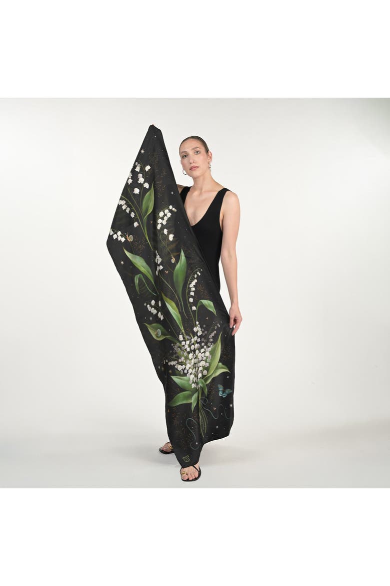 Lily Of The Valley Silk Scarf, Alternate, color, Black