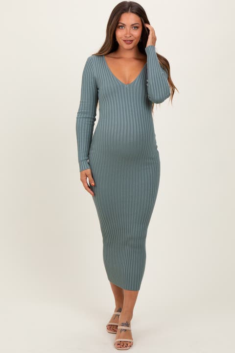 V-Neck Long Sleeve Fitted Maxi Dress