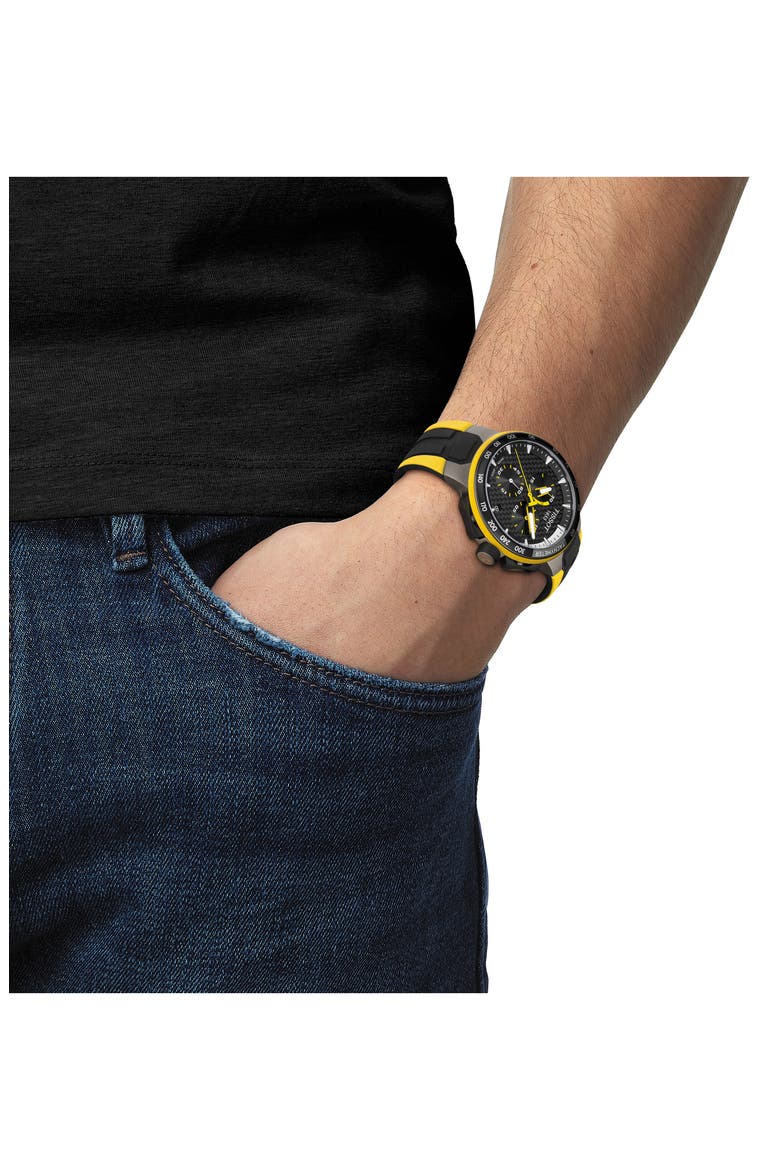 T-Race Cycling Tour de France 2020 Chronograph Silicone Strap Watch, 44mm, Alternate, color, BLACK/ YELLOW
